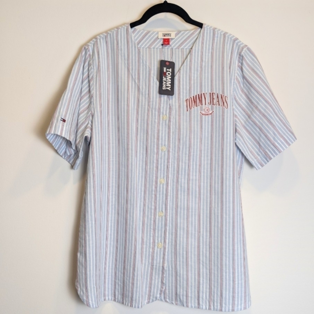 Tommy Jeans Red White Blue Striped Button Down Baseball Shirt Size Medium